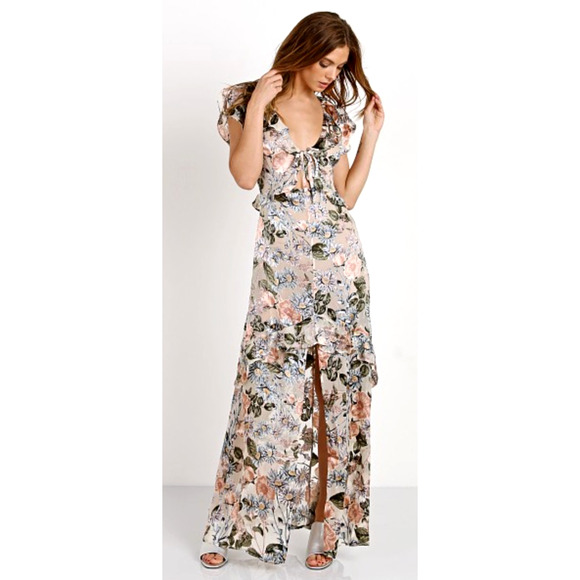 For Love & Lemons Dresses & Skirts - NWT! For Love&Lemons L Floral Luciana Silk Burnout Maxi Dress Backless Pink Tan